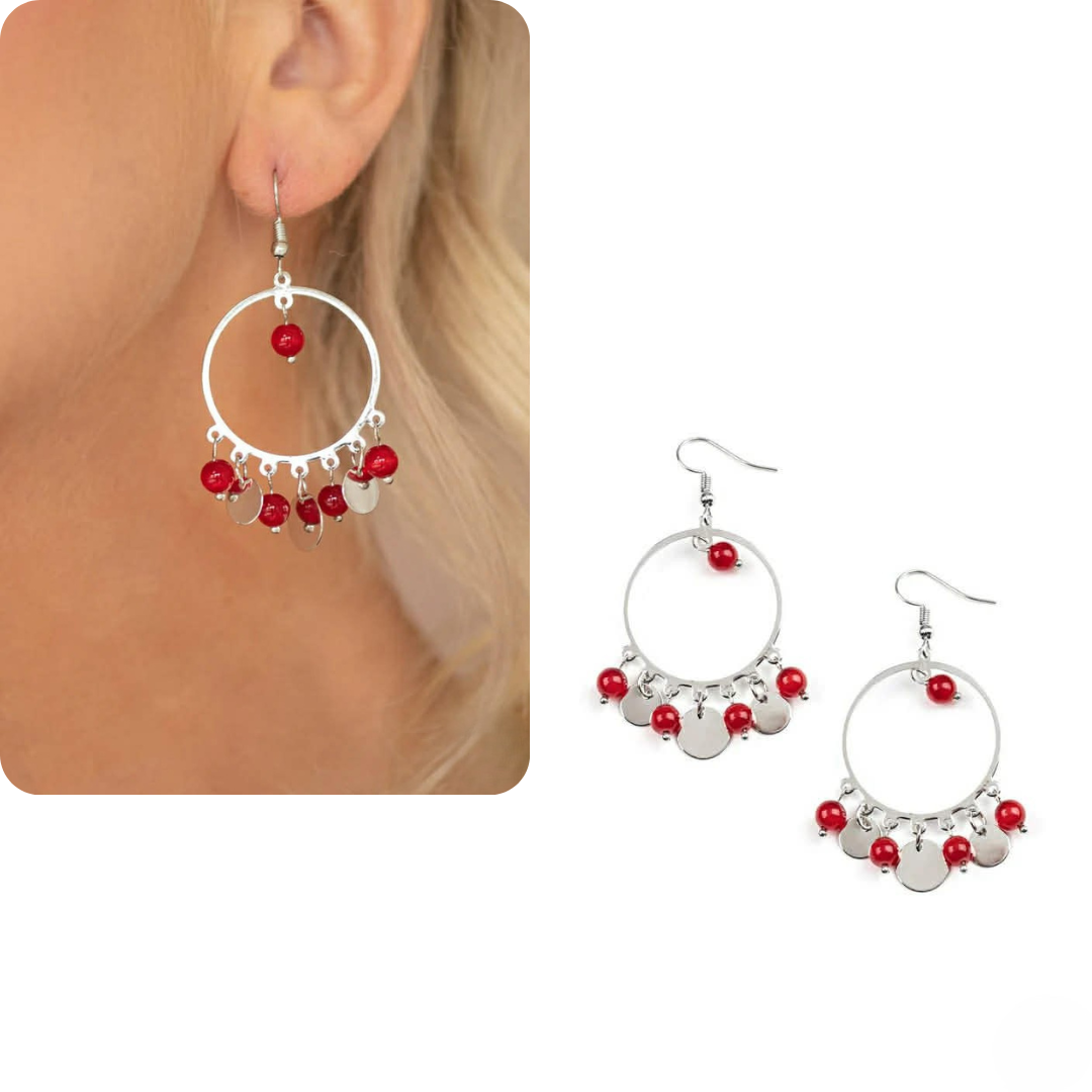 Silver Earrings w/ Red Moonstone & Silver Beading
