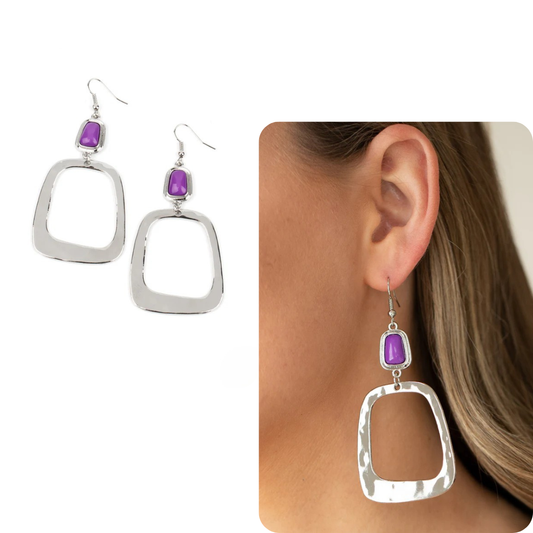 Silver Earrings w/ Purple Stone & Silver Square Drop Detail