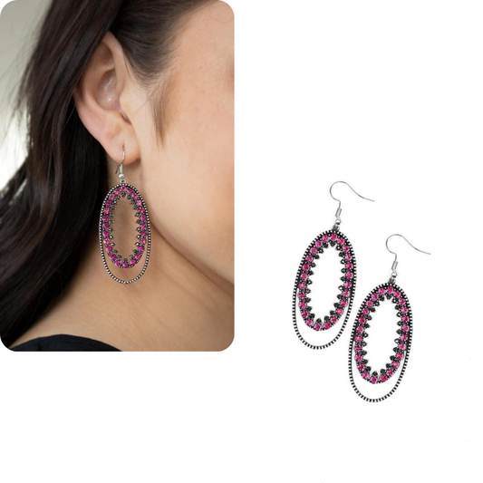 Silver Oval Earrings w/ Pink Rhinstone Accents