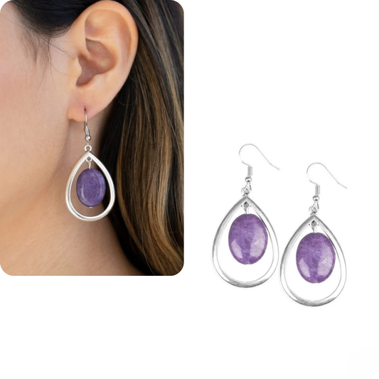 Silver Teardrop Earrings w/ Purple Stone Detail