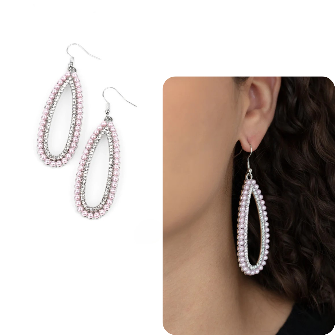 Silver Oval Earrings w/ Pink Pearl & Rhinestone Details