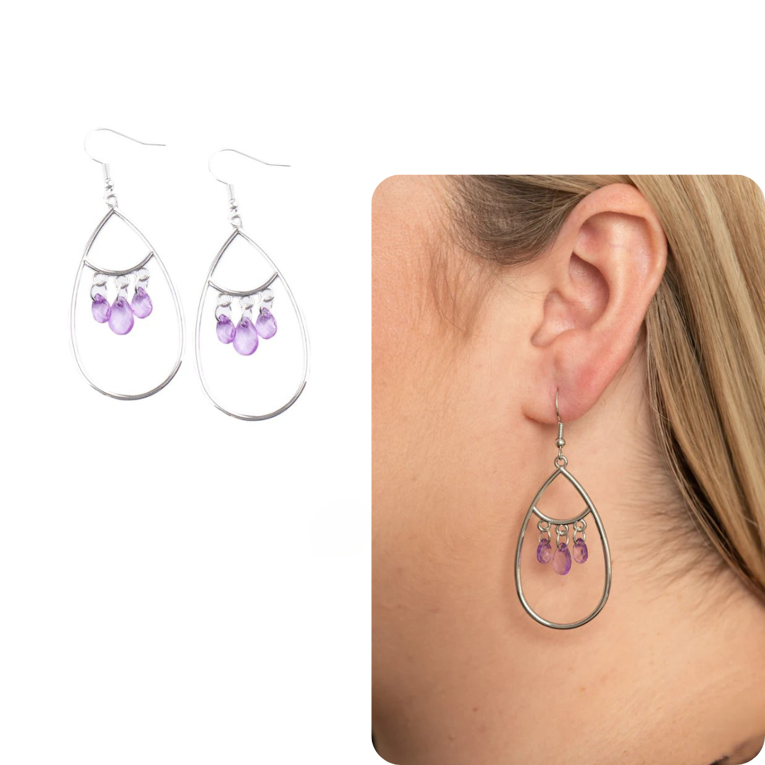 Silver Tear Drop Earrings w/ Purple Dangle Beading