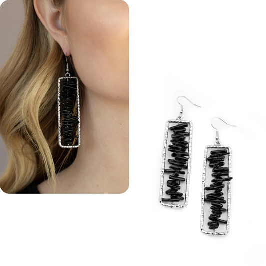 Silver Rectangular Earrings w/ Black Textured Beading