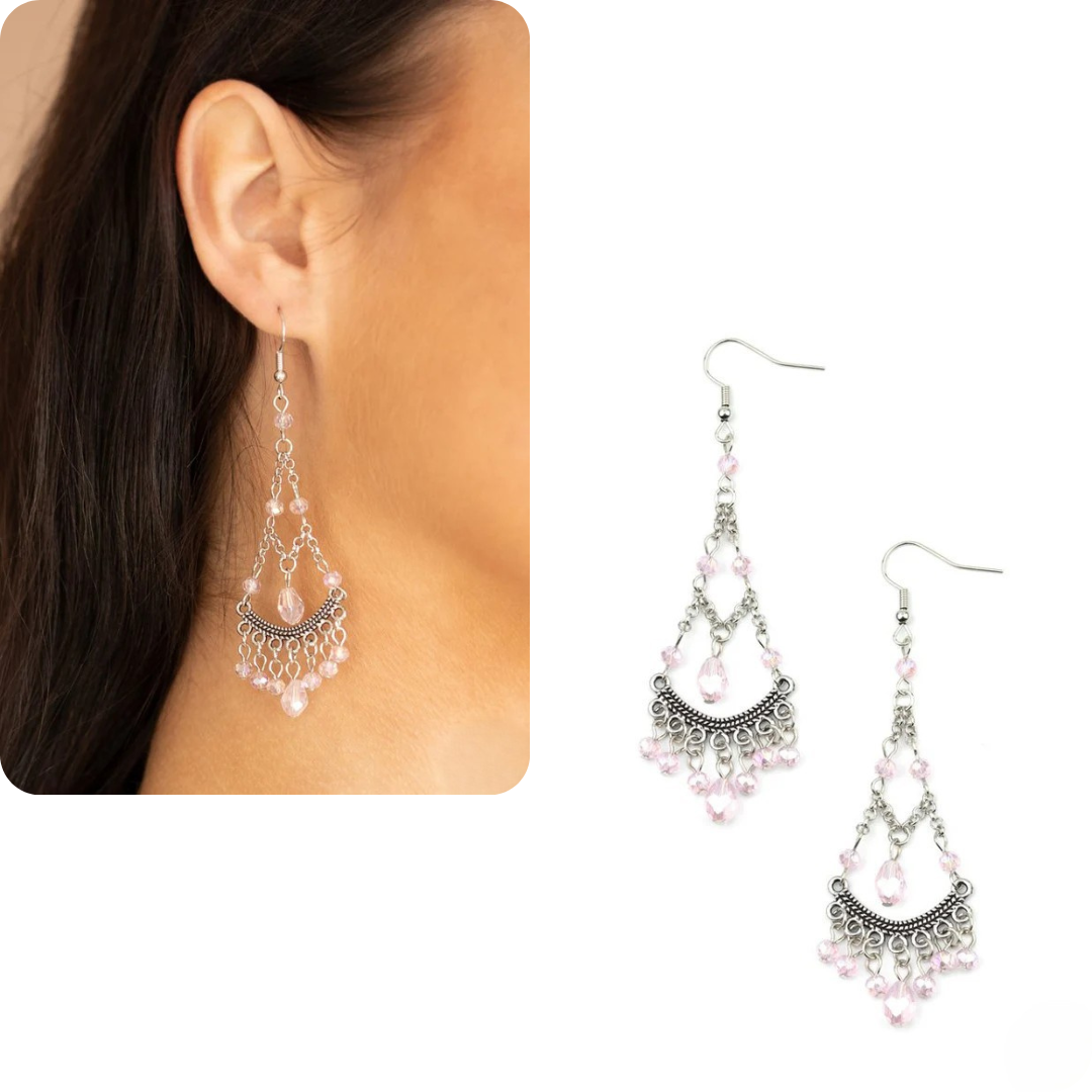 Silver Drop Earrings w/ Pink Iridescent Beading