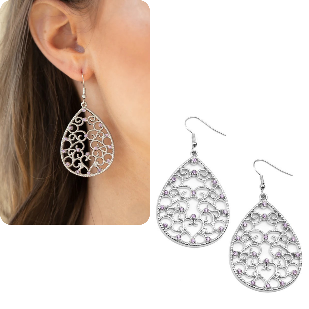 Silver Teardrop Earrings w/ Purple Rhinestone Accents