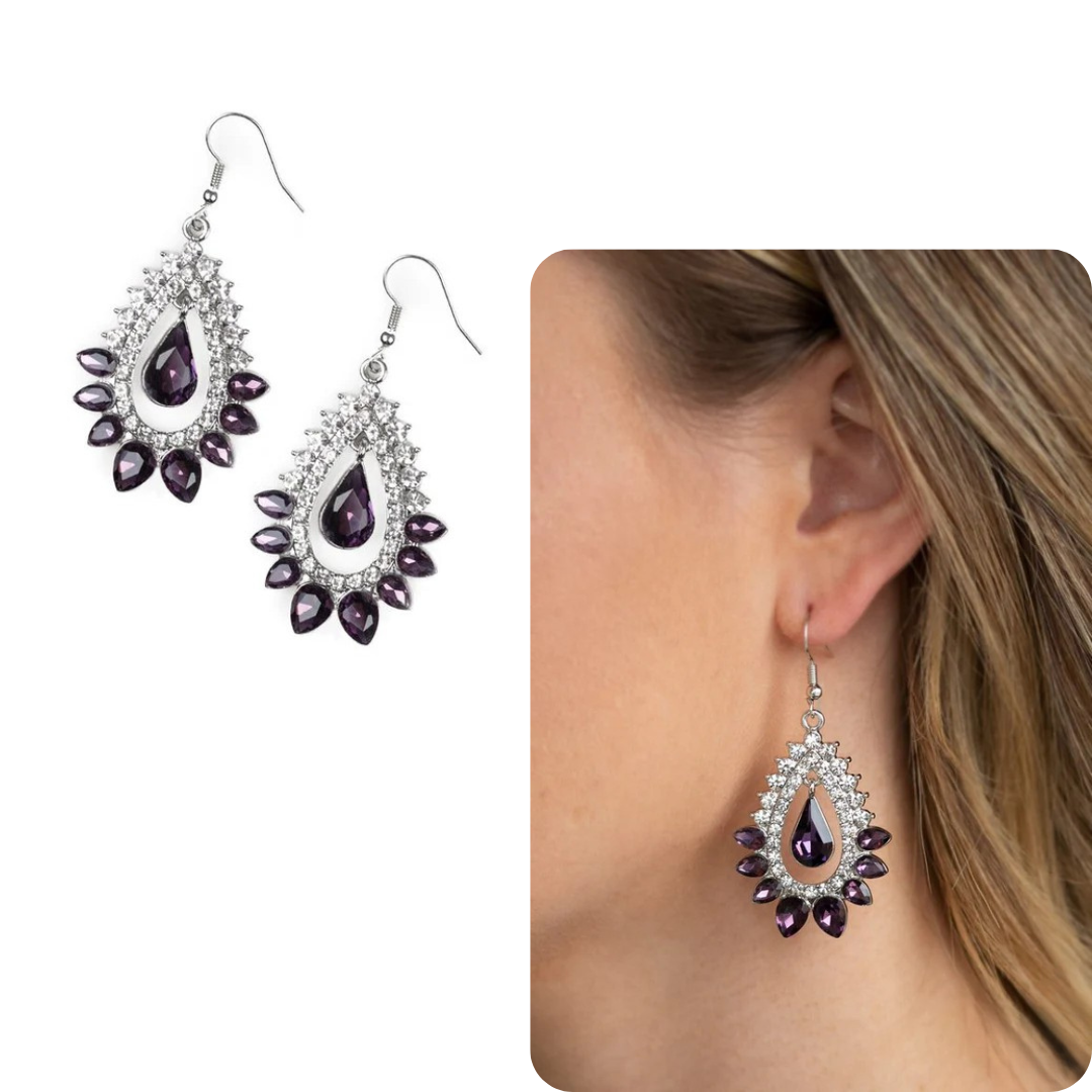 Silver Earrings w/ White & Purple Rhinestones
