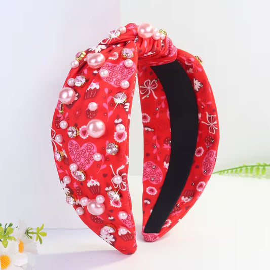 Red Hearts, Bows, & Pearls Beaded Headband