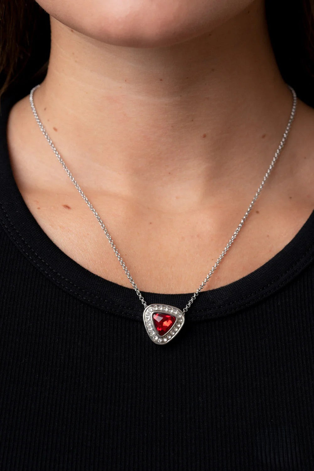 Silver Necklace w/ Red Triangle Pendant