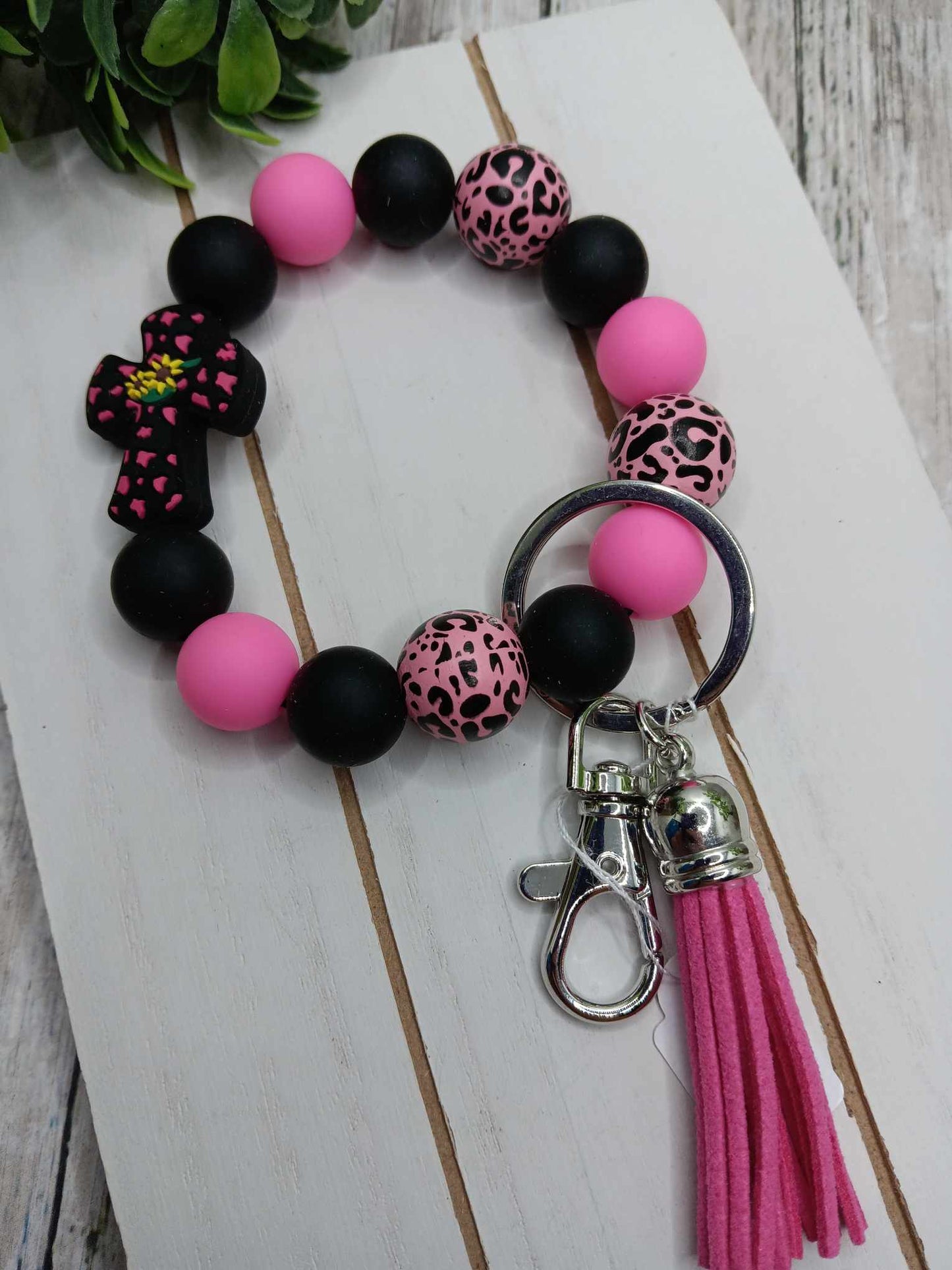 Cross & Leopard Beaded Wristlet Keychain - Pink & Black