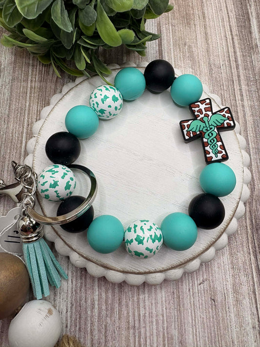 Teal & White Beaded Nurse Cross Wristlet