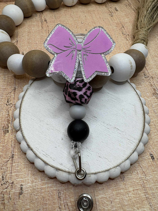 Pink Bow Beaded Badge Reel - Leopard, Grey, Black