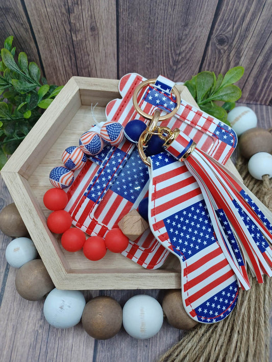 Red, White, & Blue American Flag Beaded Wristlet, Wallet, Chapstick Holder, & Tassel Set