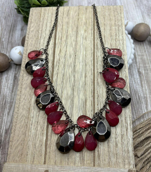 Gunmetal Necklace w/ Hot Pink & Gunmetal Teardrop Beading