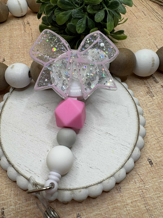 Pink & White Beaded Badge Reel