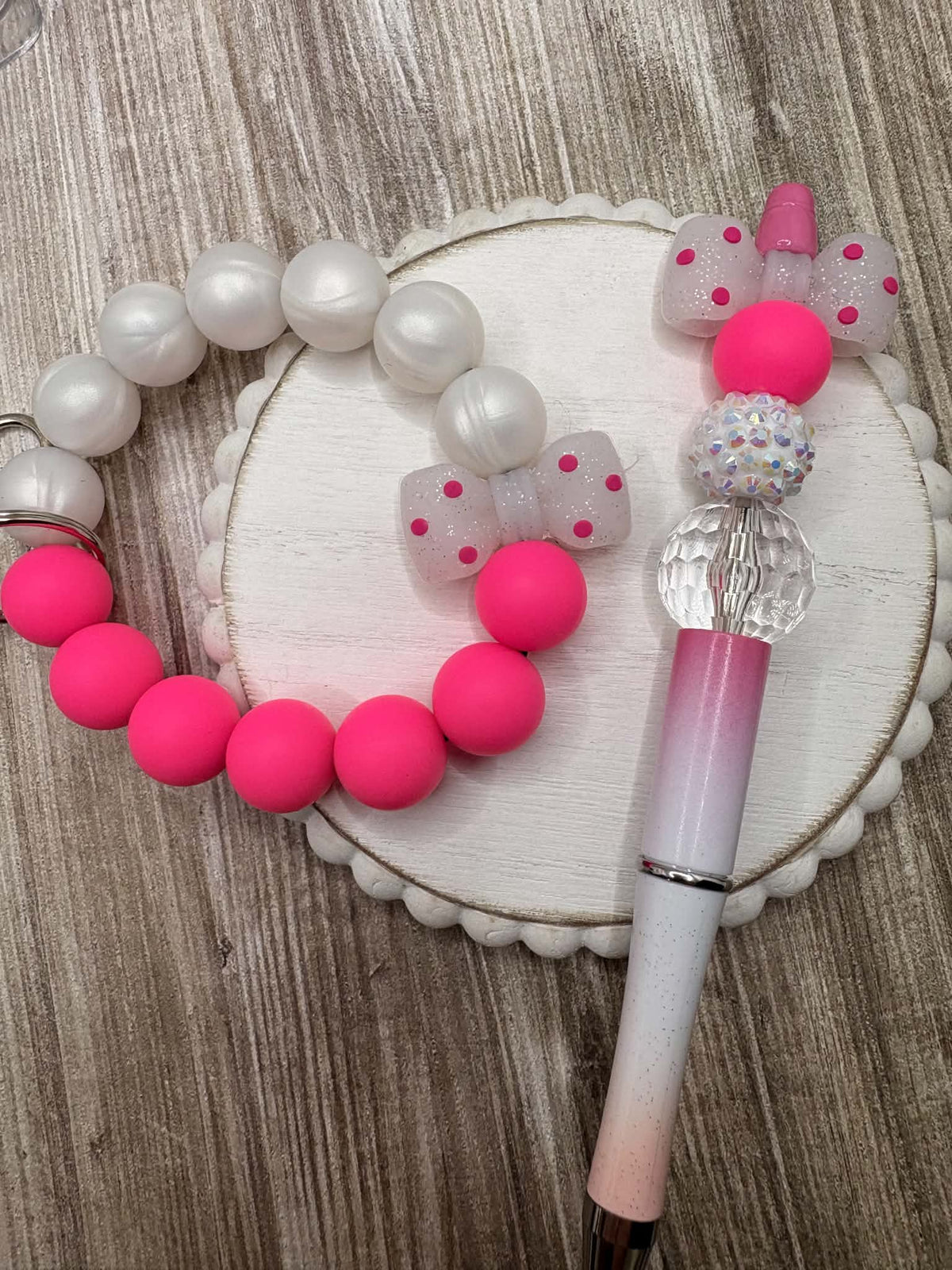 Pink Polka Dot Beaded Wristlet & Pen Set