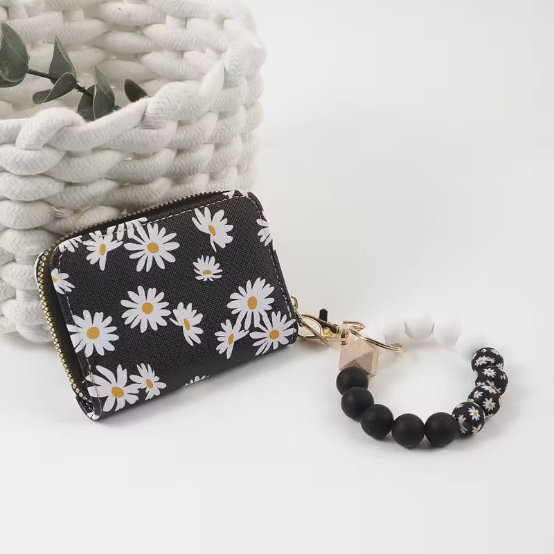 Black Floral Beaded Wristlet Wallet