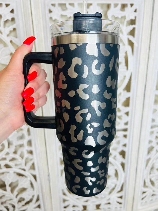 Black Leopard Etched 40 oz Tumbler - Comes with Straw