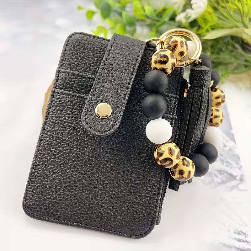 Black Wristlet Wallet w/ Leopard Beaded Accents