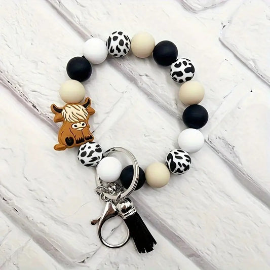Cow Beaded Wristlet - Black & White