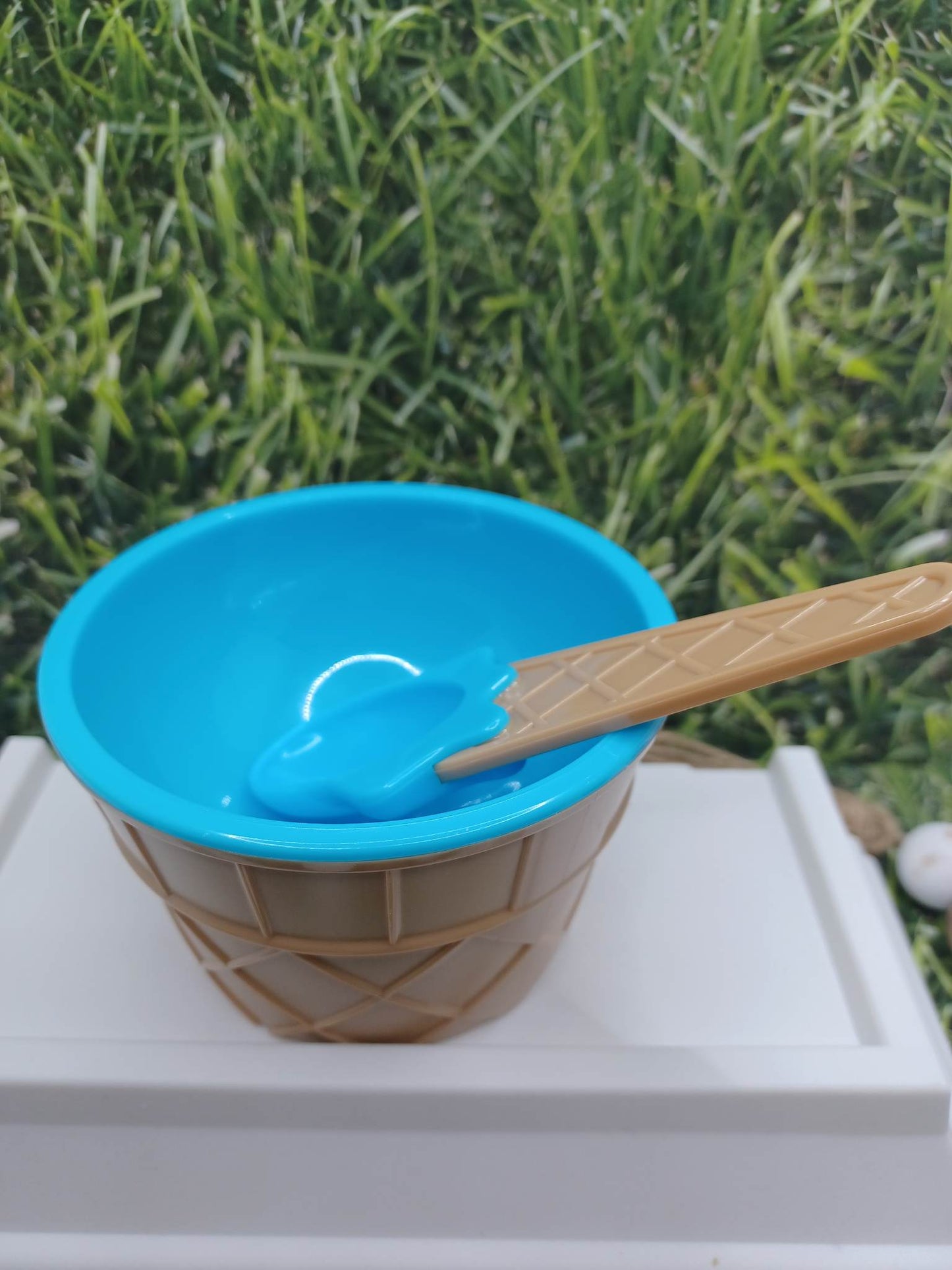 Blue Ice Cream Waffle Cone Bowl w/ Spoon