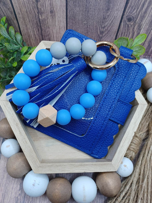 Blue & Grey Beaded Wristlet, Wallet, & Tassel Set