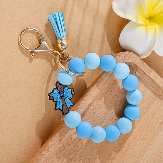 Blue Cross Beaded Wristlet Keychain