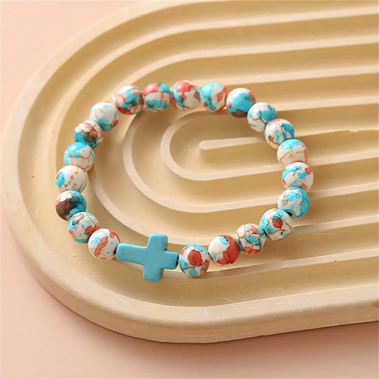 Turquoise, White, & Brown Beaded Cross Bracelet