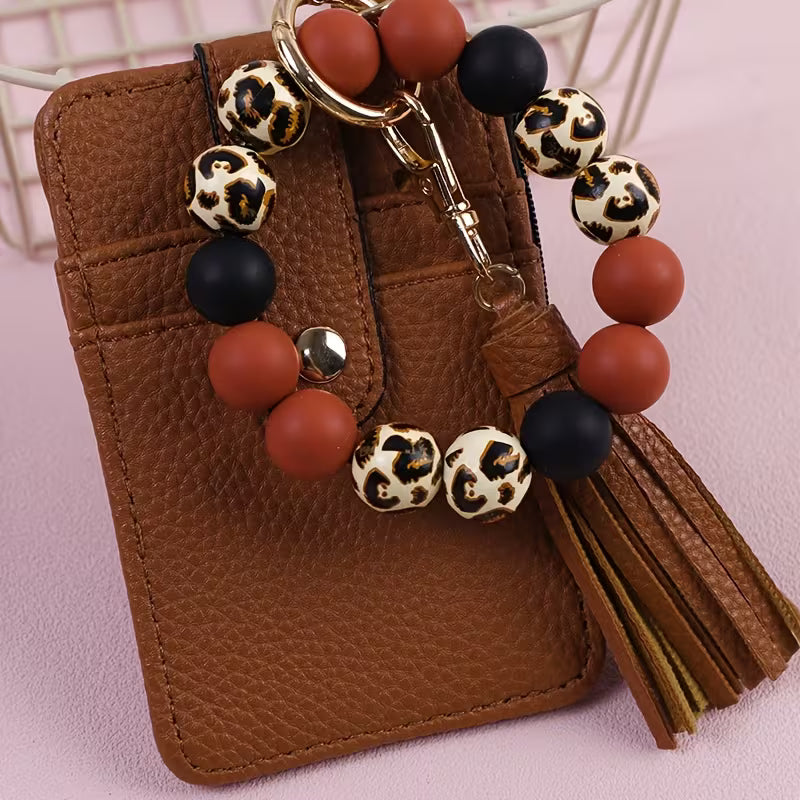 Brown Wristlet Wallet w/ Leopard Accent Beading