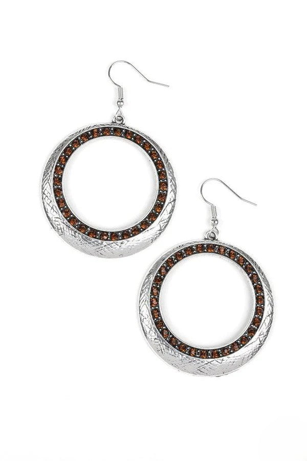 Silver Textured Earrings w/ Deep Champagne Rhinestone Accents