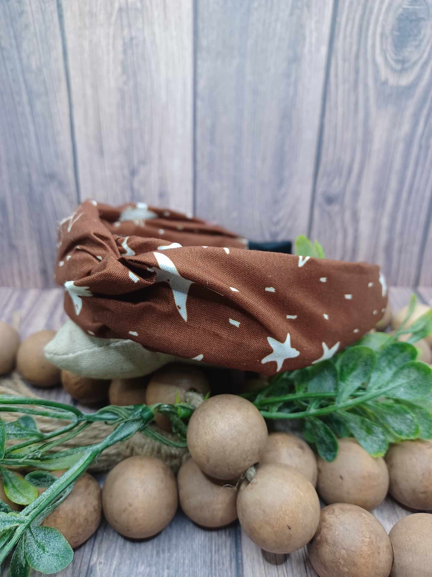 Brown Star Patterned Headband w/ Top Knot