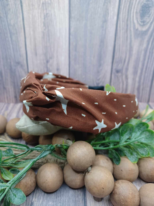 Brown Star Patterned Headband w/ Top Knot