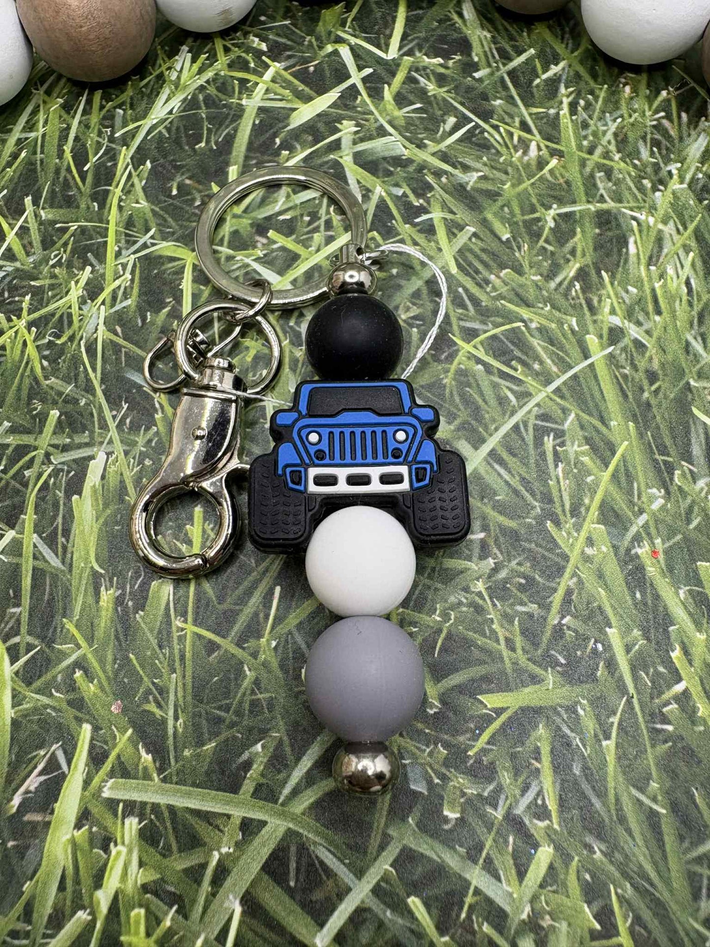 Blue Truck Beaded Keychain