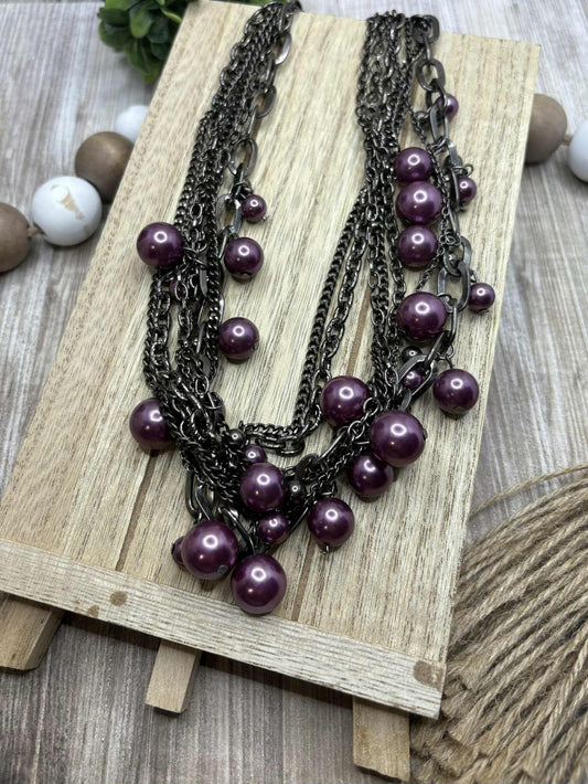 Gunmetal Layered Neckalce w/ Purple Beaded Accents