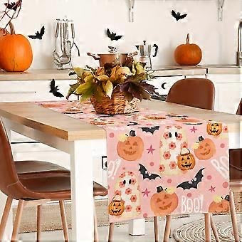 Orange & Pink BOO Halloween Table Runner w/ Pumpkins, Bats, & Floral Ghosts