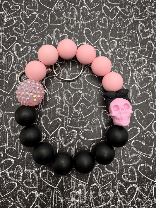 Pink & Black Skull Beaded Wristlet