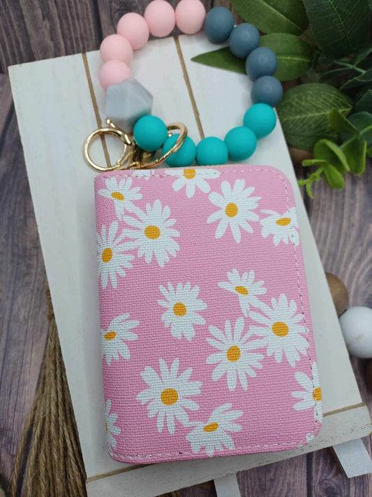 Pink w/ Daisies Beaded Wristlet Wallet