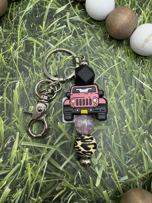 Pink Truck Beaded Keychain