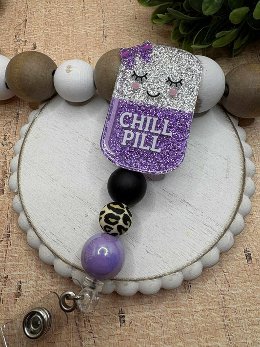 Chill Pill Beaded Badge Reel - Black, Leopard, Purple