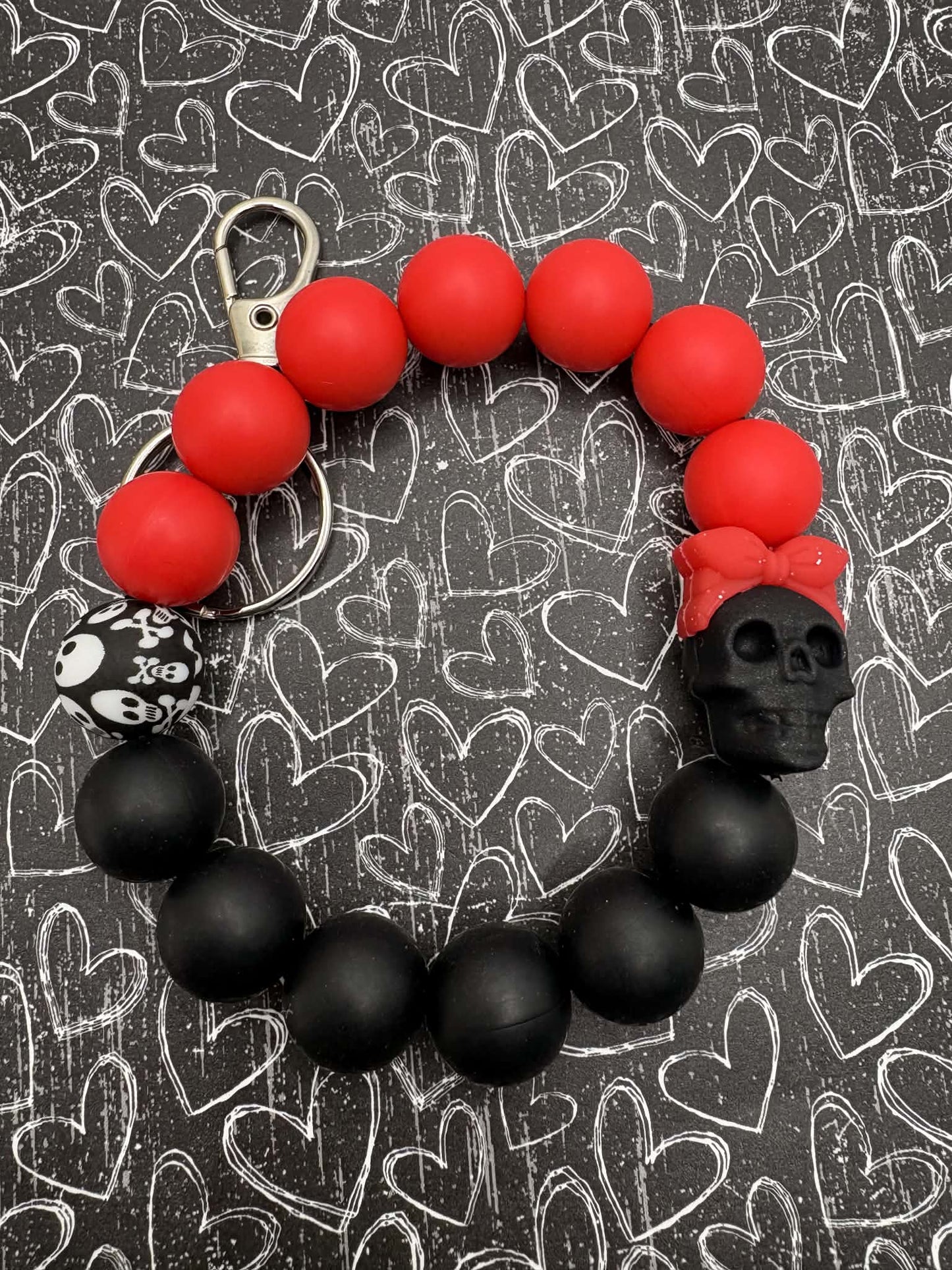 Black & Red Skull Beaded Wristlet Keychain