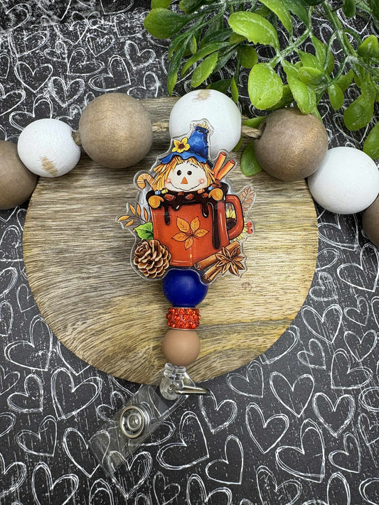 Scarecrow Beaded Badge Reel - Blue, Orange, Tan