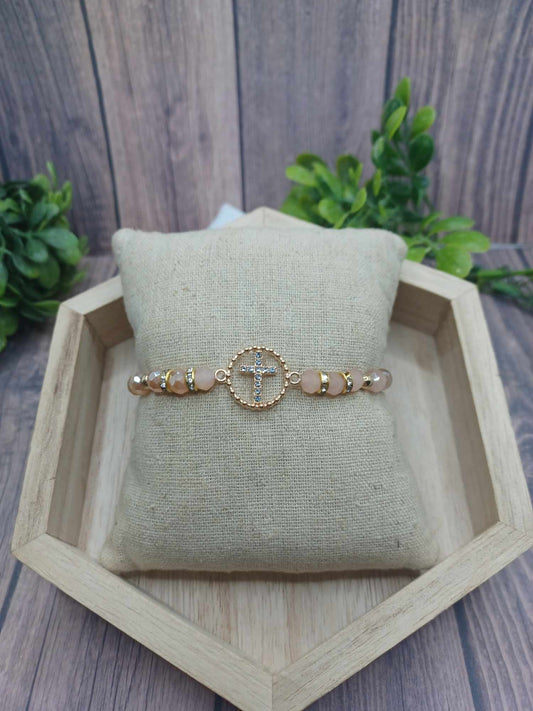 Champagne Beaded Cross Bracelet
