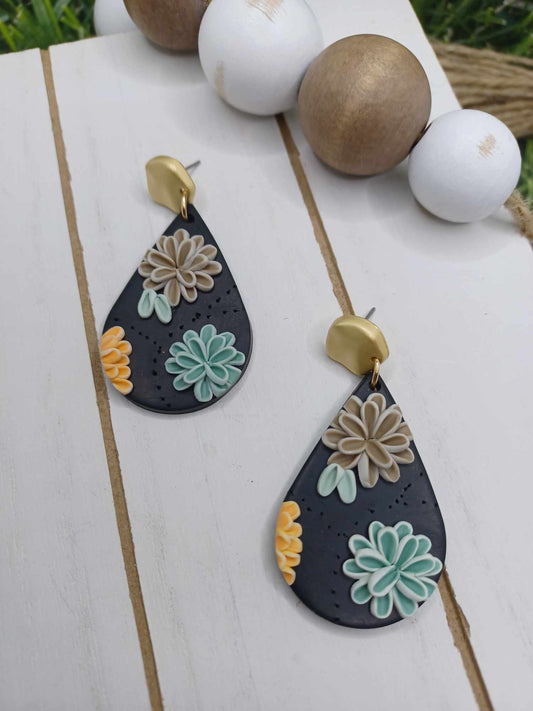Black Clay Style Floral Earrings