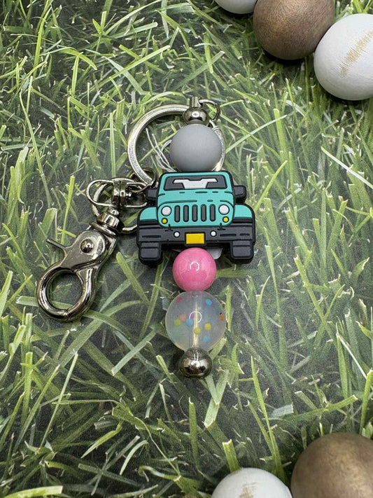 Teal Truck Beaded Keychain