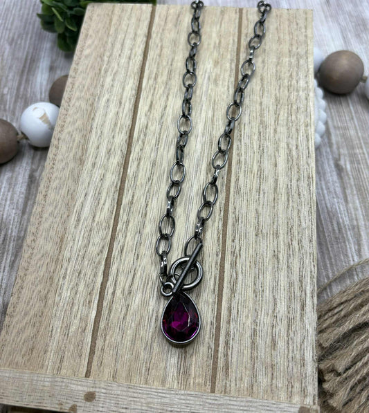 Gunmetal Toggle Style Necklace w/ Purple Teardrop Pendant