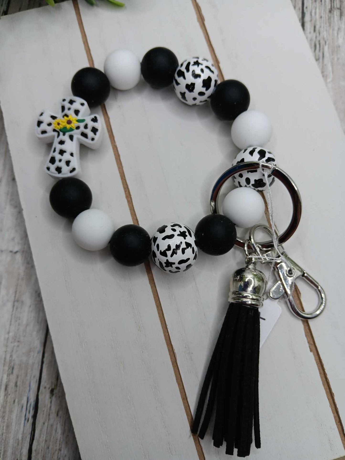 Cross & Leopard Beaded Wristlet Keychain - Cow Print