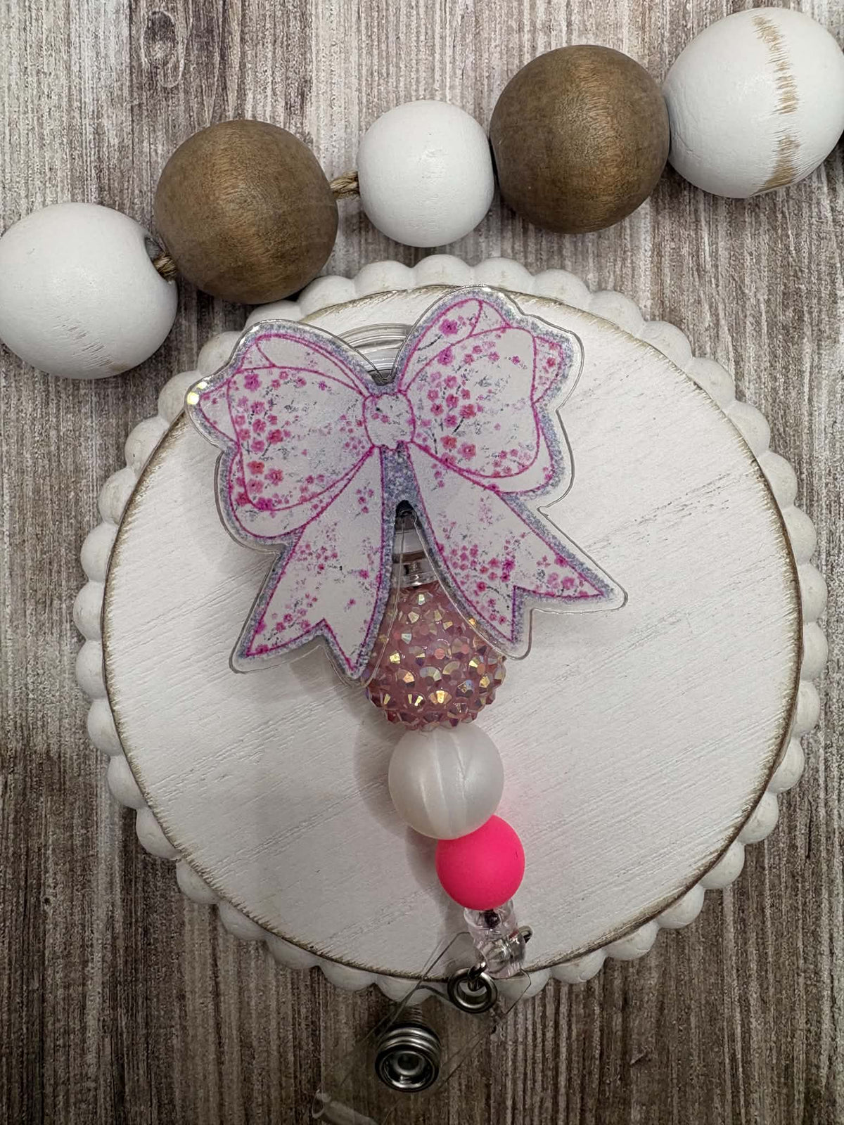 Pink Bow Beaded Badge Reel