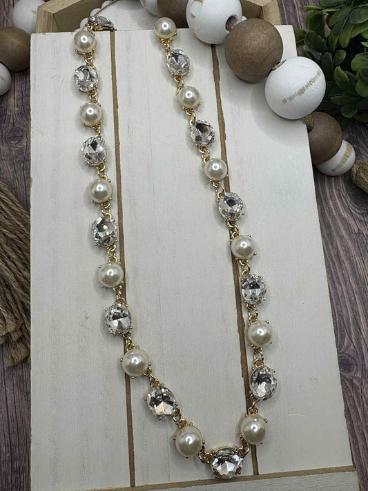 Gold Necklace w/ Rhinestone & White Pearl Accents