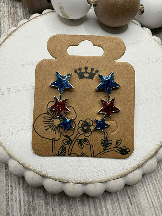 Red & Blue Glitter Star Ear Crawler Style Earrings