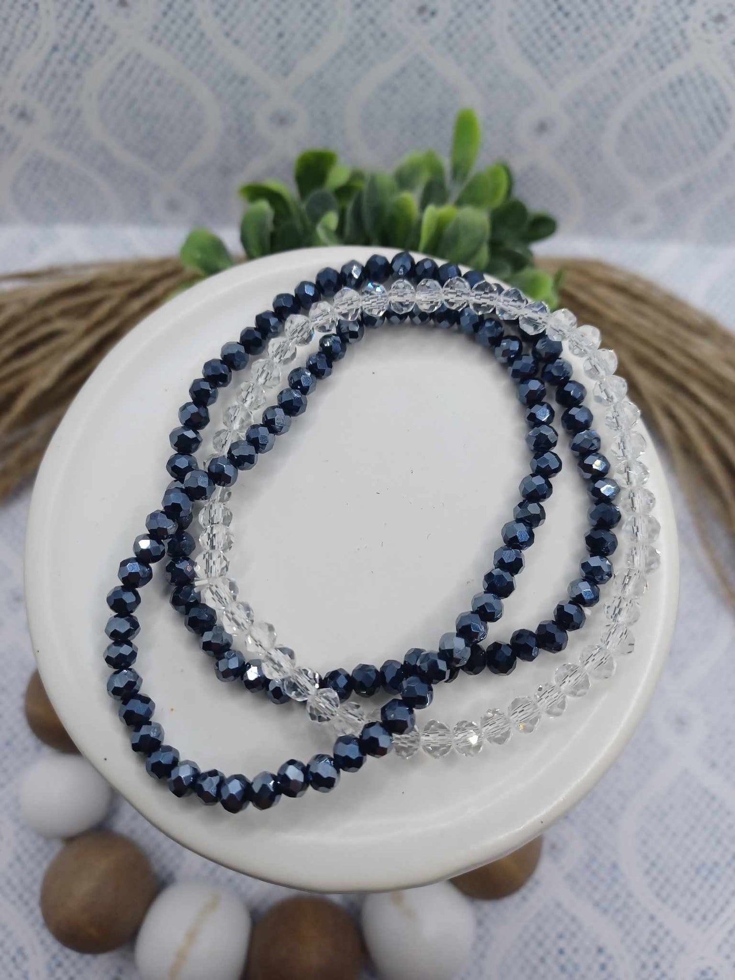 Deep Blue & Clear Faceted Beaded Bracelet Set