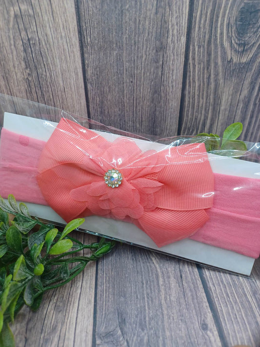 Deep Coral SOFT Infant Headband w/ Rhinestone Flower
